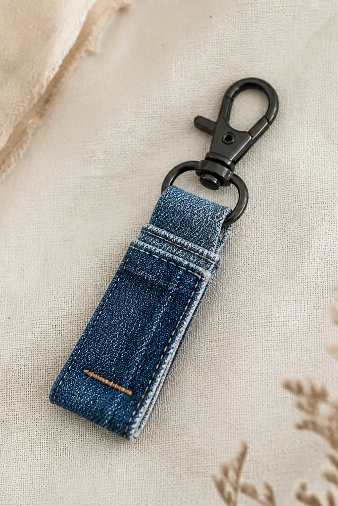 A small keychain made from blue denim scraps. It has a stitched loop at the top, a black metal lobster clasp, and visible seam lines. The denim piece is folded and top-stitched, with a neat rectangle shape and a tiny contrast thread stitch.