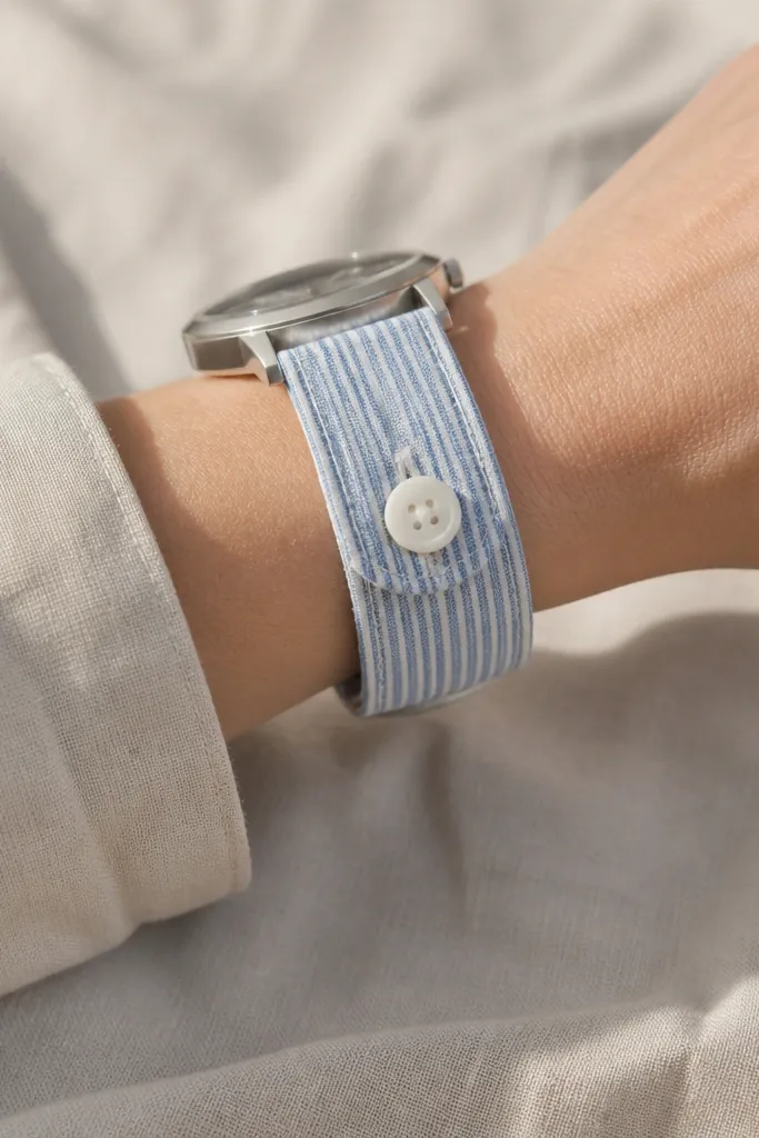A watch band made from a thrifted button-down shirt cuff. The cuff has its original button and a small stitched band around the wrist. The fabric shows subtle stripes and soft wear marks, with the button centered neatly.