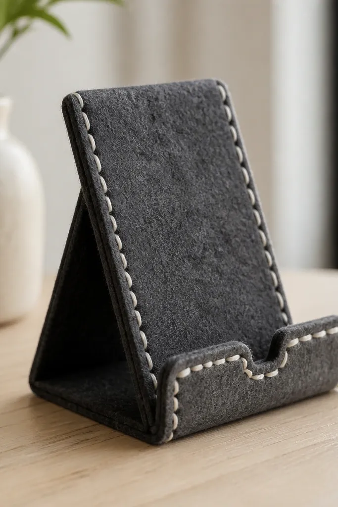 A handmade felt phone stand in charcoal gray with a triangular back and a cradle front. The edges are hand-stitched with thick contrasting thread, and the stand has a notch where the phone rests.