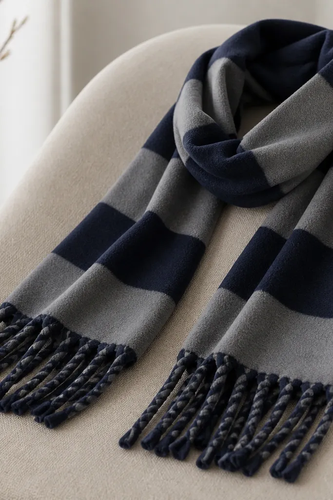 A soft fleece scarf in navy and gray stripes. It has long fringe ends on both sides, and the fringe is braided into short ropes. The scarf looks thick and cozy with clean straight edges.