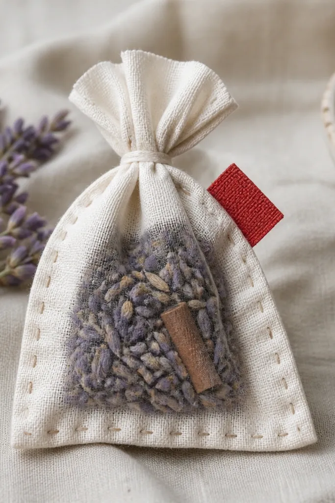 A small sachet pouch made from cream cotton with a red label tag. It's filled with dried lavender buds and a tiny piece of cinnamon stick tied inside. The pouch has simple hand stitches along the edges.