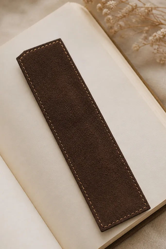 A slim rectangular bookmark in dark brown faux suede. It has a stitched border using tan thread and a small corner notch at the top. The edges are trimmed straight and the stitching lines are even.