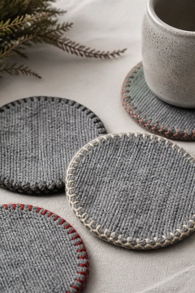 Four round coasters cut from a gray knit sweater. The edges are slightly frayed but trimmed neatly, and each coaster has a different stitched border color - black, cream, and red accents.