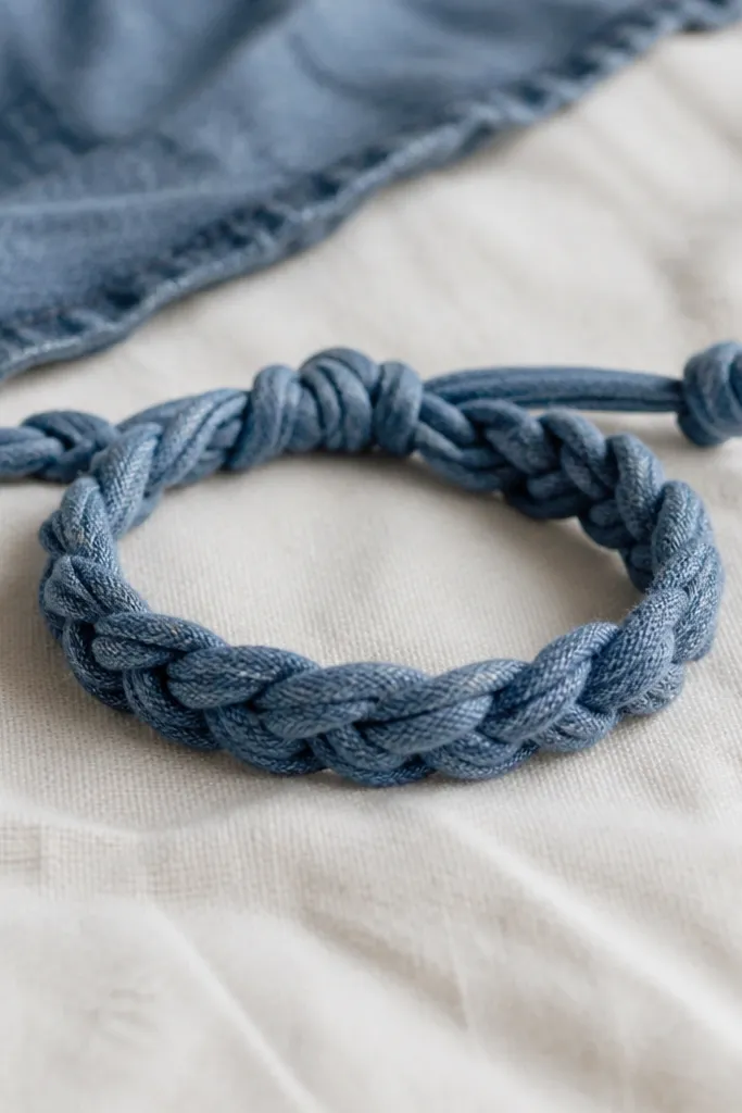 A braided bracelet made from strips cut from a faded denim-blue T-shirt. The bracelet is tied into a braided rope look with a small adjustable knot at the clasp end.