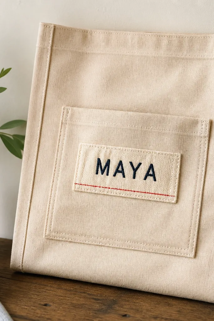 A small canvas tote panel with a pocket sewn on, featuring an embroidered name in simple block letters. The patch has a stitched border and a small red thread accent line.