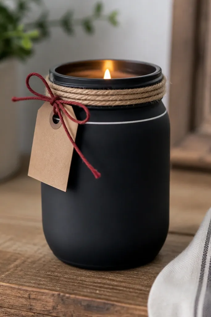 A mason jar candle holder painted matte black with a thin white line near the top. It has twine wrapped around the neck and a small tag tied on with red string.