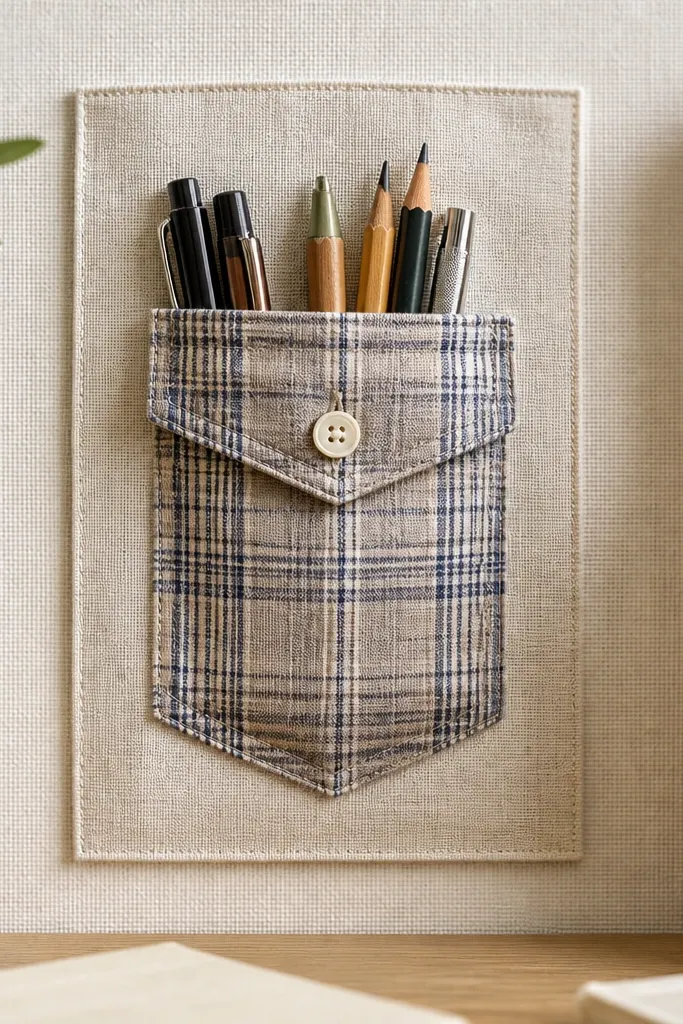 A repurposed shirt pocket stitched onto a fabric backing. It holds pens and pencils, with the original button and flap still attached. The fabric shows small plaid pattern and the stitching is neat.