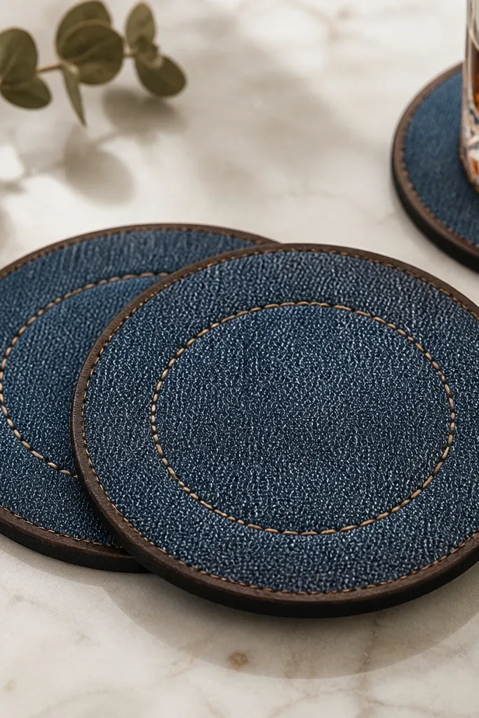 A set of two coasters with a denim top layer and a darker backing. The edges look slightly heat-seared for a leather-like rim, and the center has a stitched circle pattern.