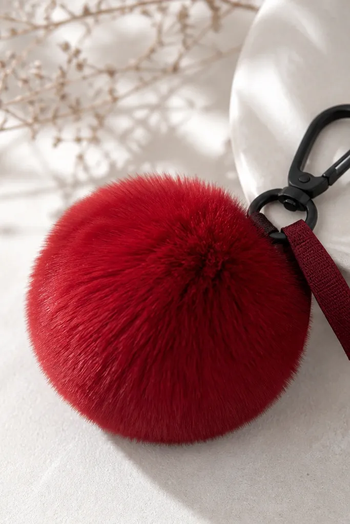 A fluffy pom keychain in deep red with a black carabiner. The pom has a neat round shape, and a small fabric tag hangs from the clasp area.