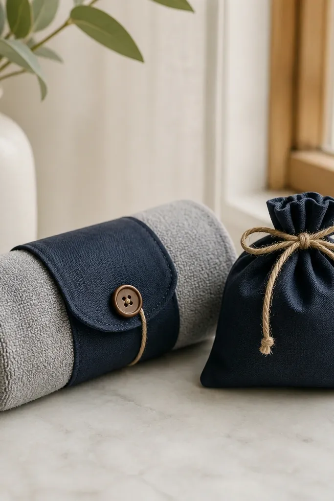 A small travel kit made from a rolled hand towel. It has a fabric band around it in navy with a stitched button closure. A small pouch sits next to it, tied with string.