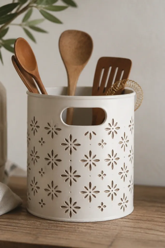A small tin holder made from a cleaned coffee can. It has a matte spray finish in off-white with a stamped pattern in dark brown. The top has a rolled edge and a handle cut-out detail.