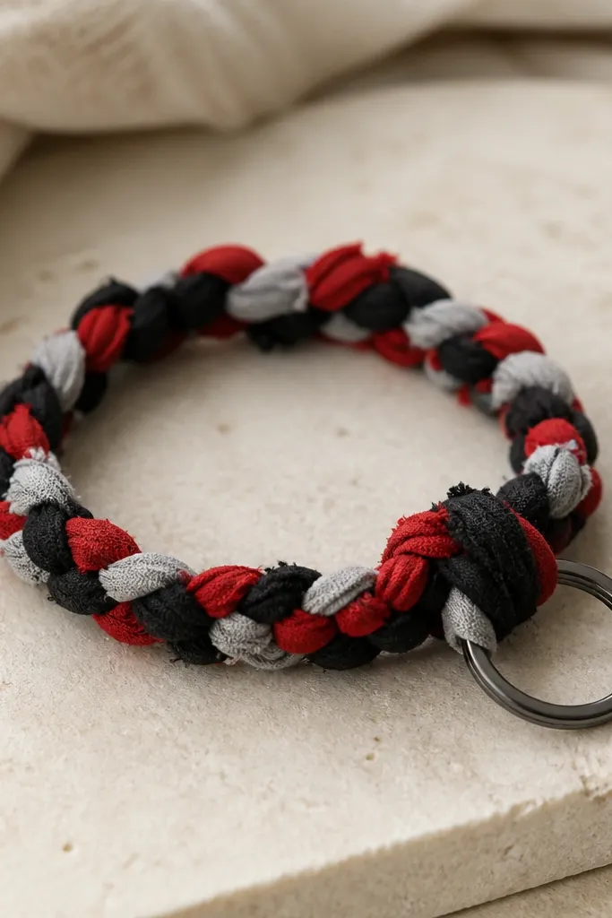 A bracelet made from fabric scraps tied in a loop. It looks like a knotted rope, using red, black, and gray strips, with a small knot and a loop for attaching to keys.