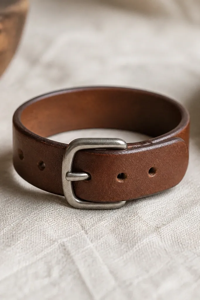 A bracelet made from a cut piece of brown leather belt. It has the original belt buckle and small punched holes for adjustment. The edges are burnished and the bracelet is flat and clean.