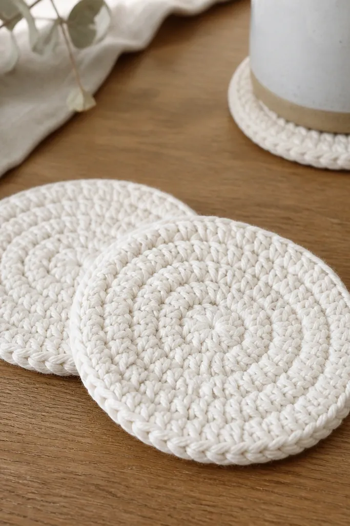 Two crocheted cotton coasters in cream color with a simple textured stitch. They look thick enough to protect a table, with a neat circular shape and tidy edges.