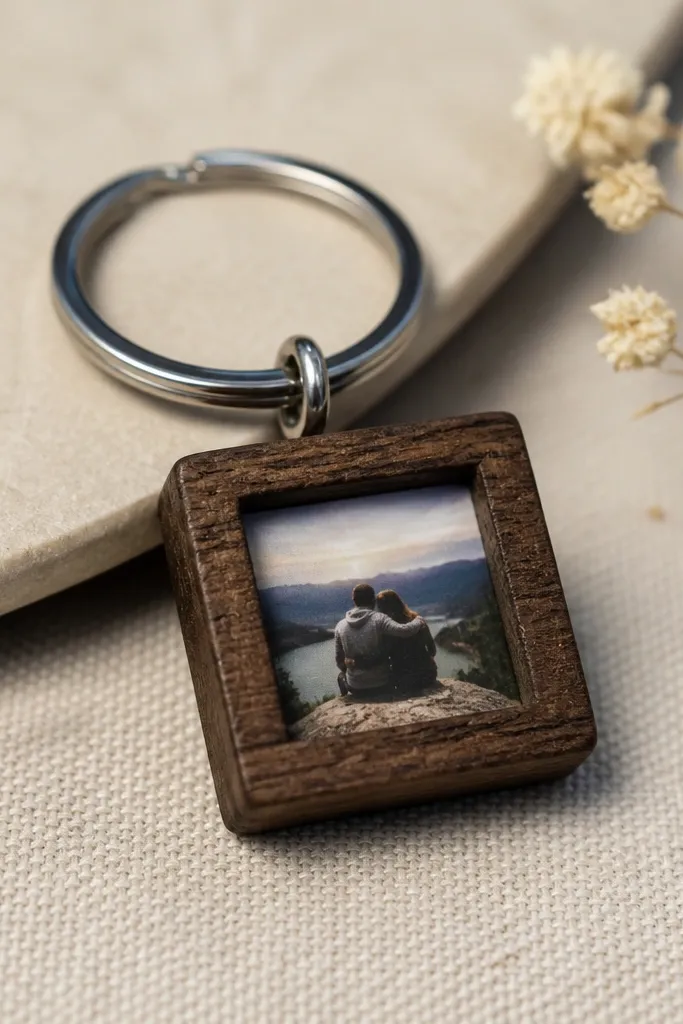 A tiny square wooden frame keyring holding a small printed photo. The frame is stained dark brown with a clear finish, and it has a metal keyring attached at the top.
