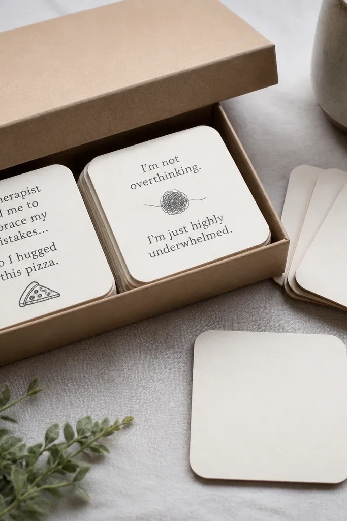 A set of small coaster-sized cards with funny text and a matching set of coaster blanks. The cards are in a box with a simple label on the lid.