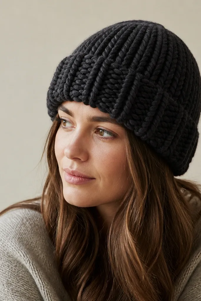 A chunky knit beanie in deep charcoal with a ribbed brim. The yarn looks thick and soft, and the top is neatly gathered with no loose strands.