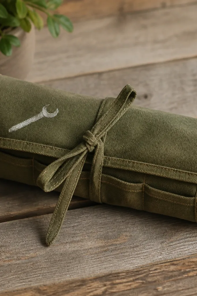 A canvas tool roll in olive green with a painted small wrench icon. It has rolled edges, ties made from fabric strips, and stitched pockets.