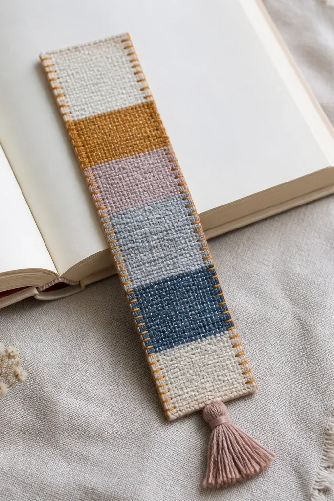 A fabric bookmark made from woven scraps in stripes. It has a small tassel at the bottom and neat stitching along the edges with a contrast thread.