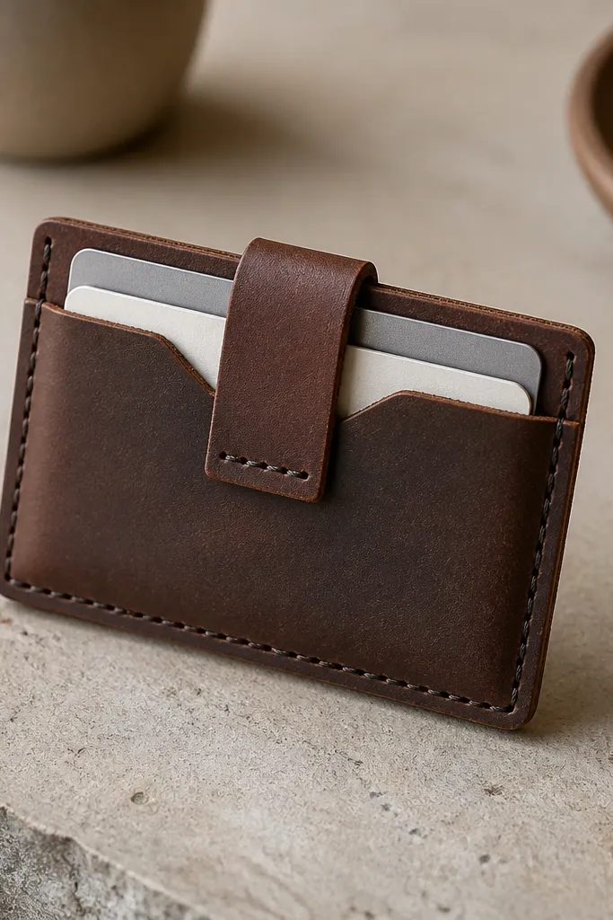A slim card holder made from brown leather belt pieces. It has a simple stitched edge and a small fold-over tab. The stitching is straight and evenly spaced with dark thread.