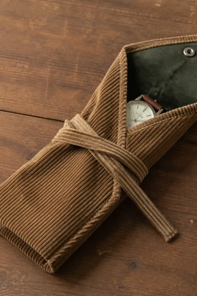 A homemade corduroy wrap laid flat on a wooden table, showing a soft tan brown corduroy outer with a stitched border, a small strip of dark olive fabric lining, and a metal snap at one end. The wrap is folded around a small watch face, with a single thin tie strip crossing over the clasp area.