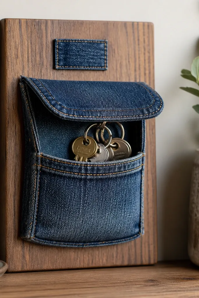 A small upcycled denim pocket panel mounted on a board. The pocket holds a bundle of keys. A flap made from the same denim closes with a hidden magnet clasp. A stitched label sits near the top edge.