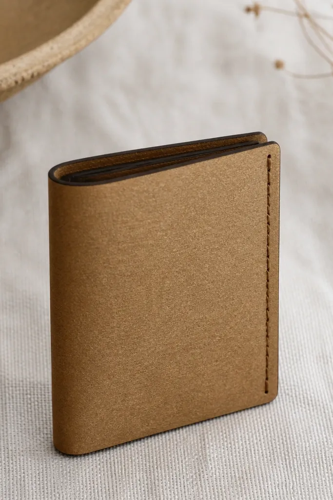 A slim tri-fold card case with a leather-look finish. The surface is covered in brown paper with a subtle grain texture, edges are burnished dark, and a single stitched seam runs along the side.