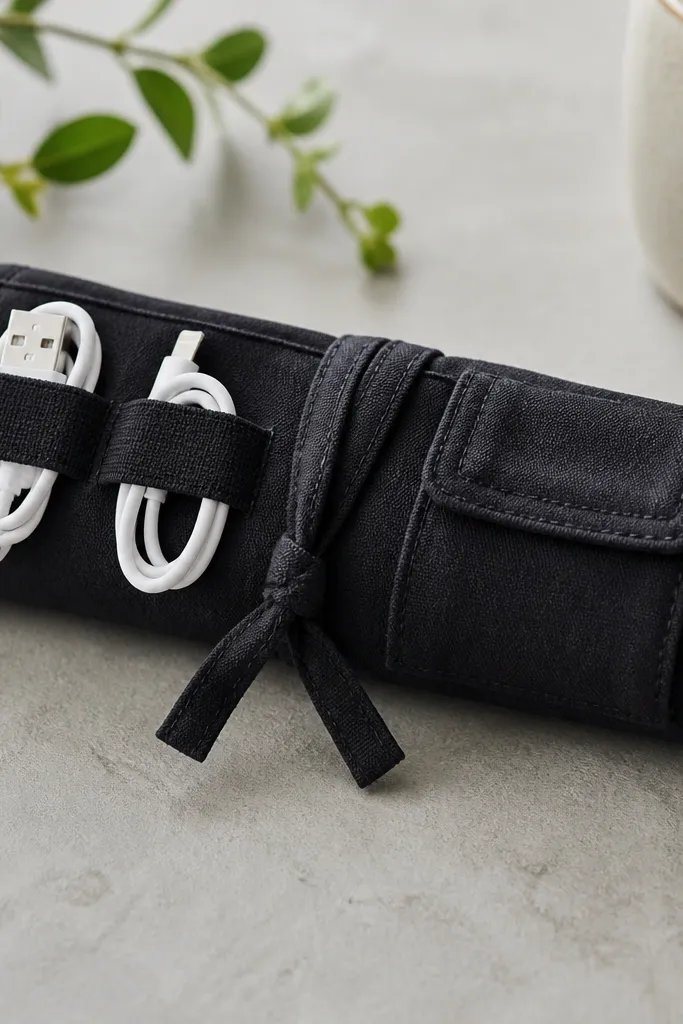A rolled-up cable wrap made from a soft black t-shirt strip. It has two elastic loops for a charger and a small pocket with a stitched flap. A simple tie closure wraps around the roll.