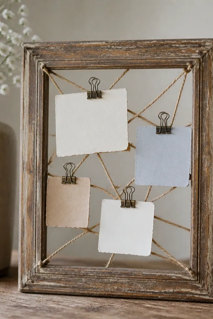 A small reclaimed picture frame turned into a message board. Twine crisscrosses behind the glass opening. Several binder clips hold small notes, and the twine is tied to nails at the corners.