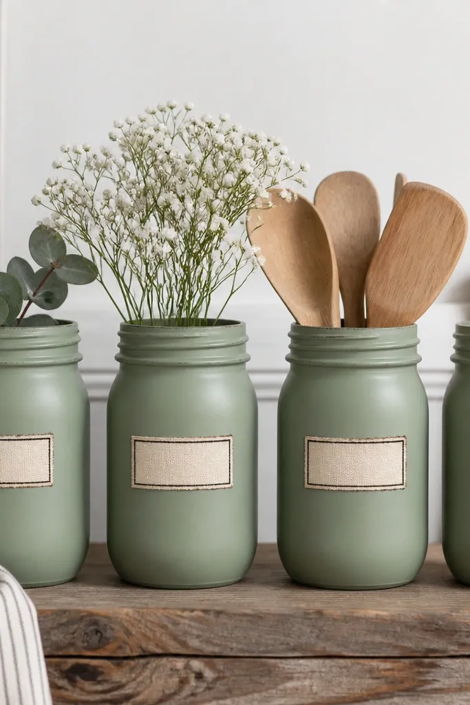 A set of mason jars painted matte sage green. Each jar has a small upcycled label strip on the front with a handwritten word and a thin line border.