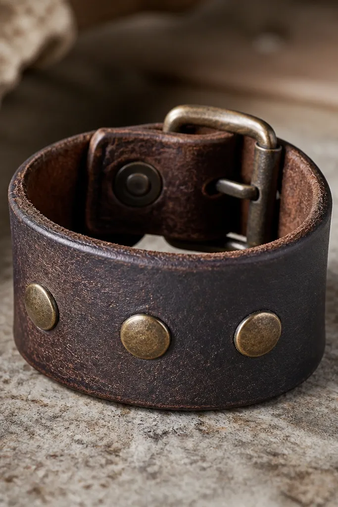 A wide cuff bracelet made from a worn leather belt. It has three fake brass rivets made from small button caps and a single wrap closure with a metal buckle.