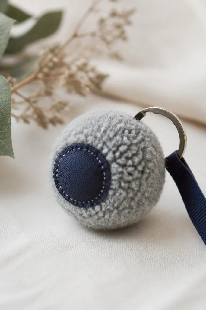 A small keychain made from a fleece pom-pom in heather gray with a navy stitched patch. The pom has a neat round shape and a short fabric tag hangs from the metal ring.