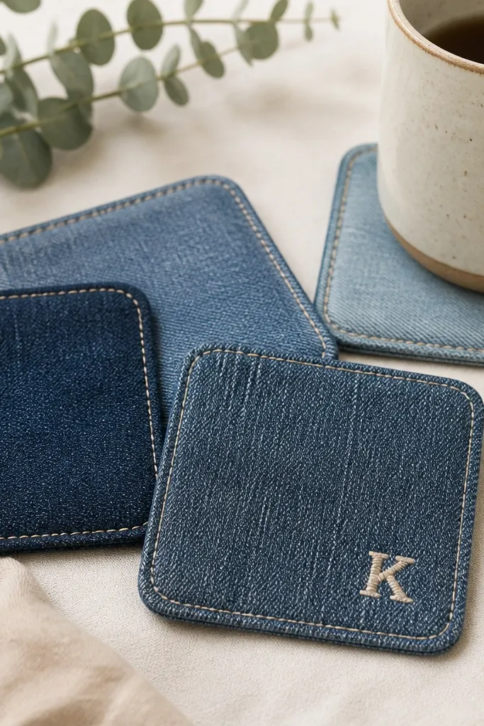 Four square coasters made from denim scraps with clean top stitching around the edges. One coaster has a small embroidered initial in light thread.