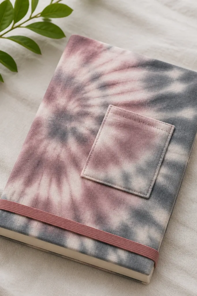 A notebook wrapped in a stretched cotton tee fabric with tie-dye swirls. The cover has a neat elastic band at the bottom and a small stitched pocket on the front.