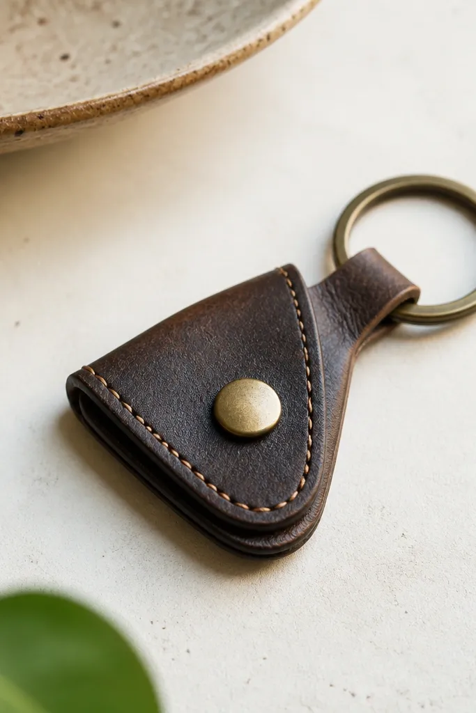 A small key fob made from a repurposed wallet corner. It has a clean stitched border, a snap button closure, and a metal keyring attached to a loop.