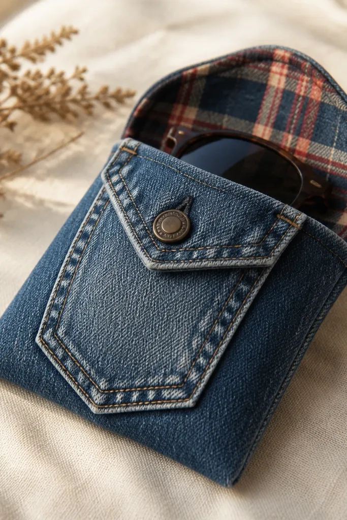 A compact sunglass case made from denim. The front is an old jean pocket with a stitched flap and a button closure. Inside lining is a soft piece of flannel.