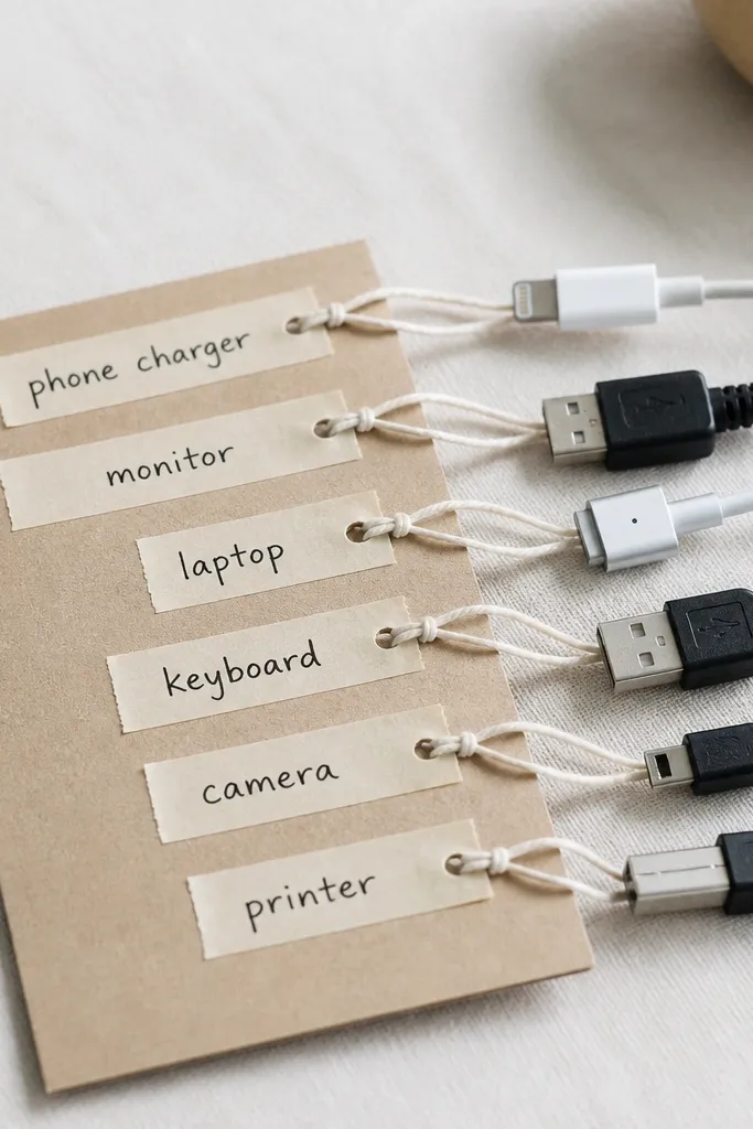 A set of labeled cable tags made from masking tape strips on a card. Each tag has a handwritten label like 'phone charger' and 'monitor'. The tags are tied to cords with small loops.