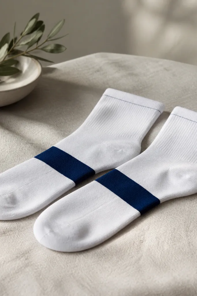 A pair of white socks painted with a single navy stripe across the mid-foot area. The stripe edges are crisp and there's a small stitched-looking line near the ankle.