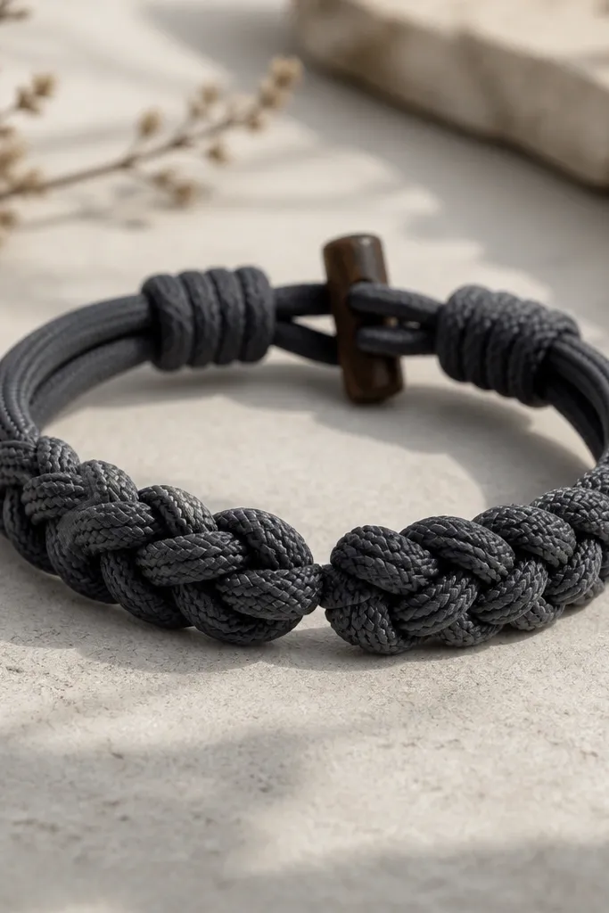 A bracelet made from a thick hoodie drawstring cord. It has two braided sections and a small wooden toggle at the end. The cord is dark gray with subtle texture.