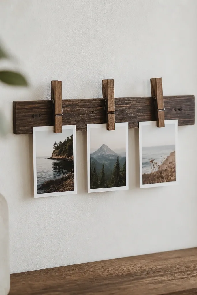 A small reclaimed wood strip stained dark. Three clothespins clip onto it holding mini photos. The wood has visible grain and a simple hanging loop at the back.