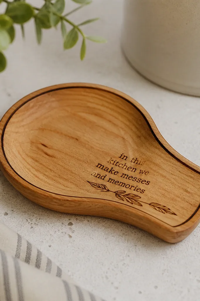 A small wooden spoon rest with a carved or burned quote near one side. The piece has a rounded top and a scorched border line. It sits on a kitchen counter.