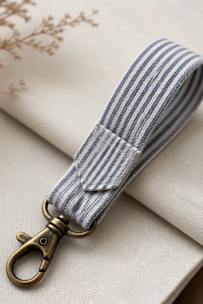 A keychain made from a strip of shirt fabric folded into a loop, with a small metal clasp. A tiny pocket patch is attached near the clasp for decoration.