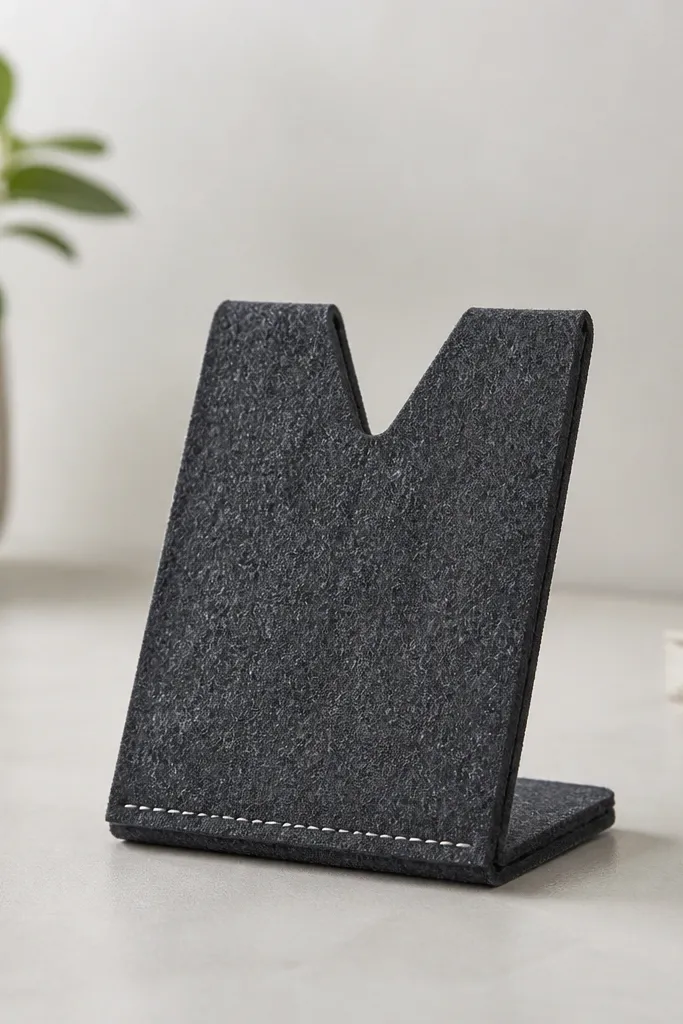 A sturdy felt phone stand in charcoal gray with a cut-out V-shaped notch. It sits upright on a desk and has a small stitched line along the base.