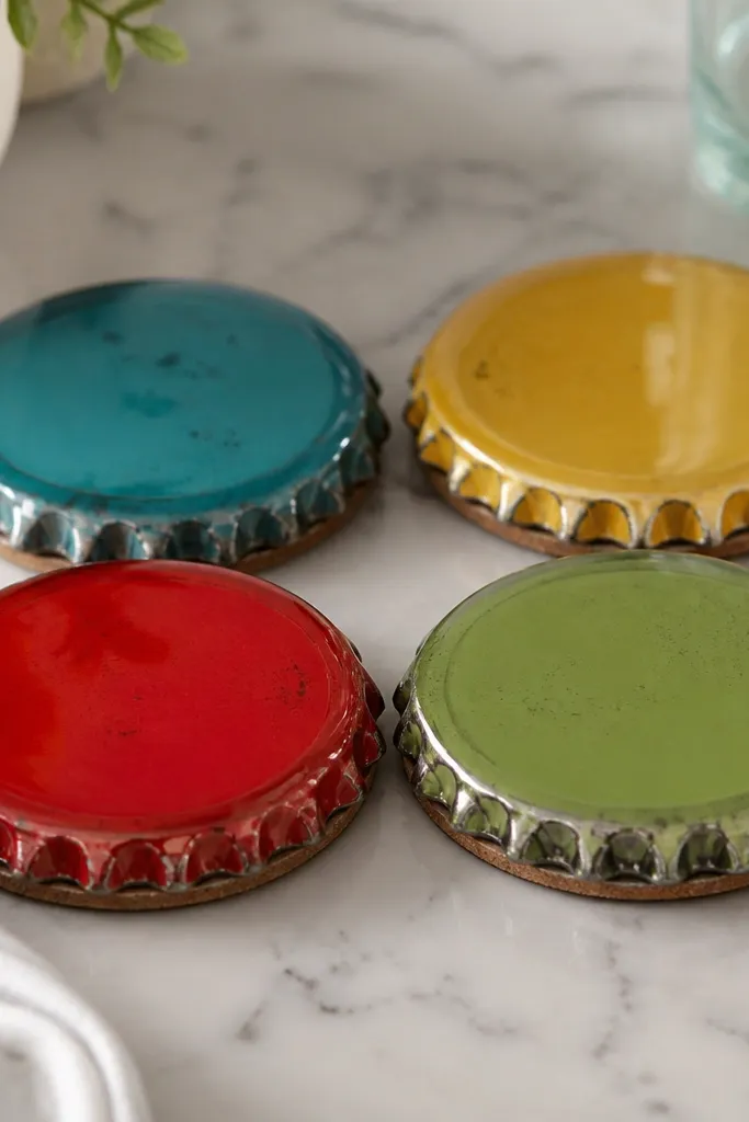 A set of four bottle cap coasters. Each has a colorful bottle cap top sealed under clear resin with a cork backing. They sit flat on a table.