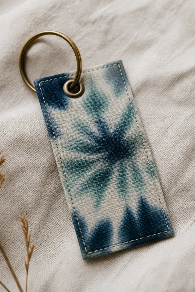 A small tie-dye cotton tag with a clean rectangular shape. An eyelet hole at the top holds a metal ring. The colors are muted teal, navy, and cream.