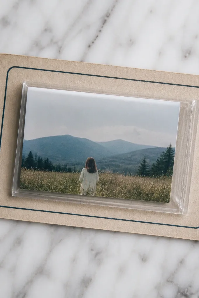 A slim wallet insert showing a small photo inside a clear sleeve. The sleeve is attached to a backing card made from old packaging with a neat border.