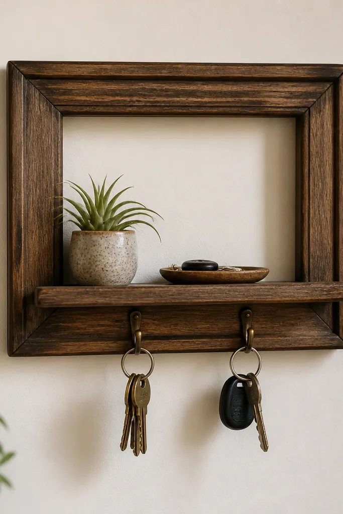 A small shelf made from an old picture frame. The bottom has two screw hooks for keys, and the wood is sanded and stained. A small lip keeps items from sliding.