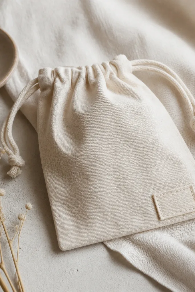 A small cotton pouch with a drawstring closure. The fabric is off-white with subtle stitching, and a small patch label is sewn near the corner.