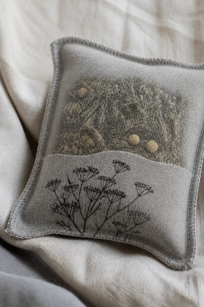 A small sachet pouch with a simple sewn edge made from an old t-shirt. Inside is visible through a mesh-like layer, and the front has a printed label in black ink.