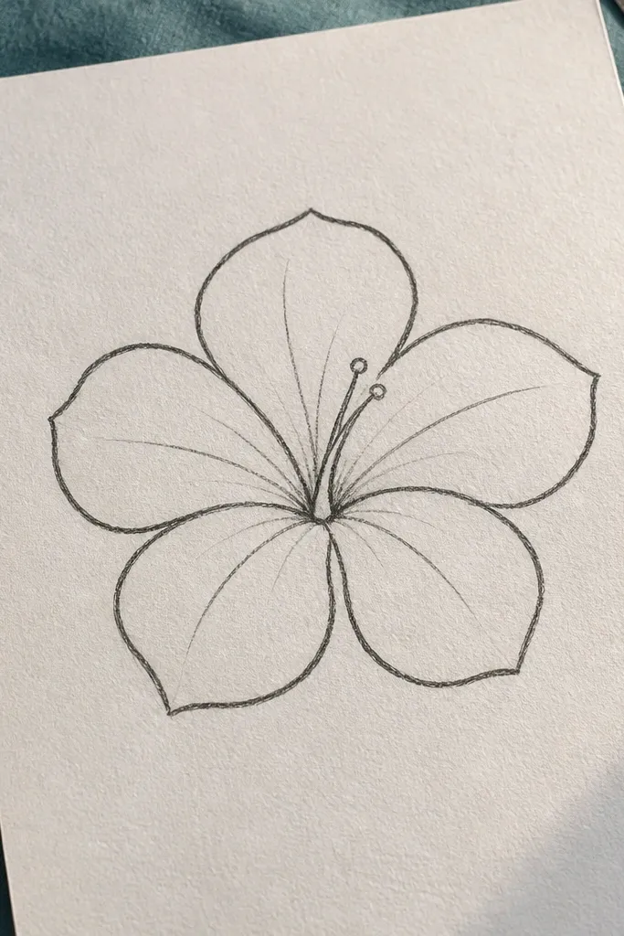 A simple hibiscus with five teardrop petals and a dot center